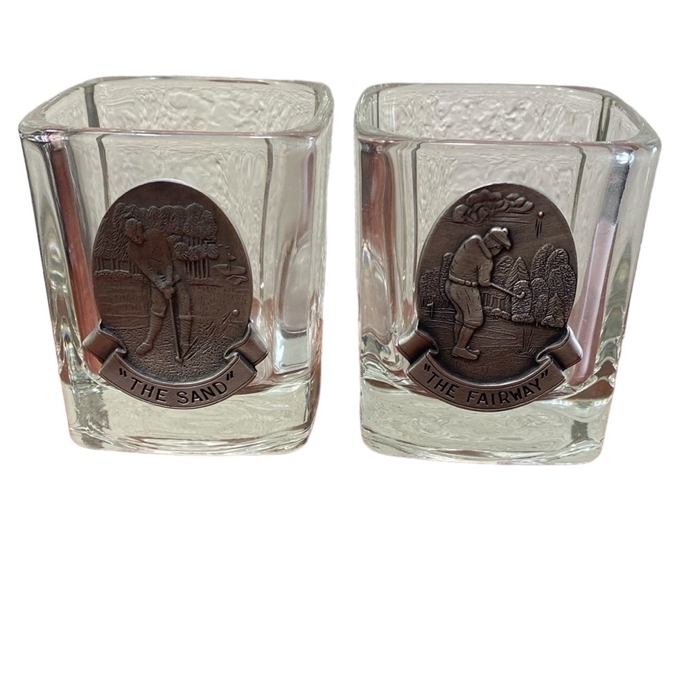 Set of 2 Vintage Ford Pewter Golf Medallions Lo Ball Whisky Glasses